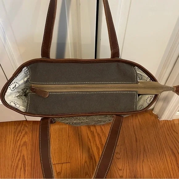 Myra Bag Boho Lace Print Upcycled Canvas and Genuine Leather Tote - Picture 3 of 5